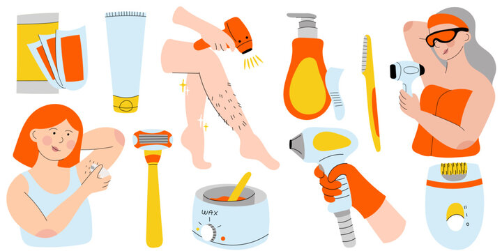 Flat beauty hair removal set with epilator, laser device, razor, waxing tools, cosmetics and woman characters. Modern skincare and self care concept illustration.