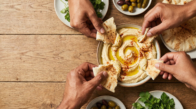 Fresh Khubz Flatbread Dipped in Creamy Hummus Bowl with Olive Oil and Paprika on Wooden Table