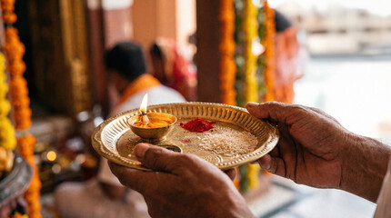Obraz premium Hands holding a brass Puja Thali with a lit lamp, kumkum powder, and rice grains, Hindu worship ritual, devotion and faith
