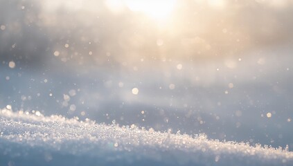 Glittering fresh snow crystals catching warm low sun on snowy field, with bokeh flares
