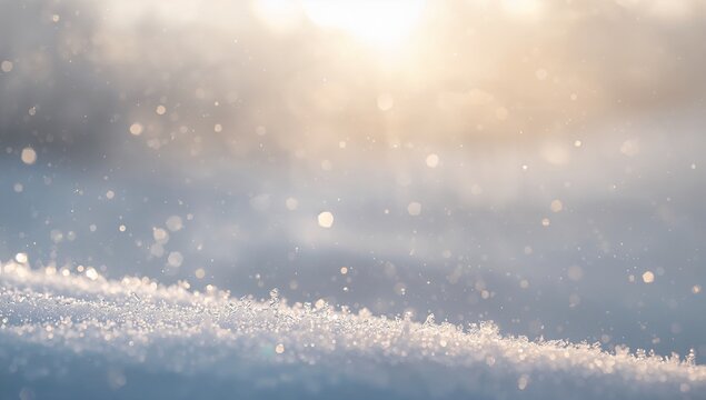 Glittering fresh snow crystals catching warm low sun on snowy field, with bokeh flares