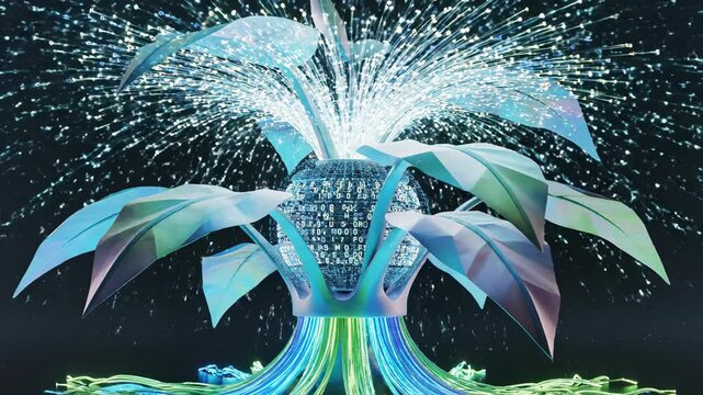 Stylized abstract 3D rendered plant model receiving massive data streams through glowing fiber-optic roots connected to a conceptual central database core bioengineering, roots, communication