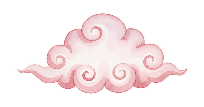 Stylized pink auspicious cloud watercolor painting with traditional Asian swirly patterns