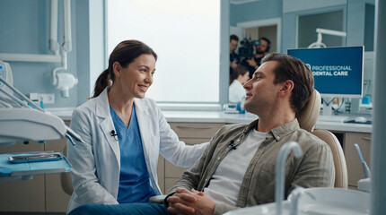 Smiling female dentist sitting beside reclining man in dental chair, wearing lab coat, blue scrubs