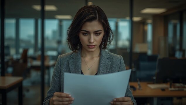 Reading woman wearing grey blazer, pendant, holding document in modern office, glass partitions