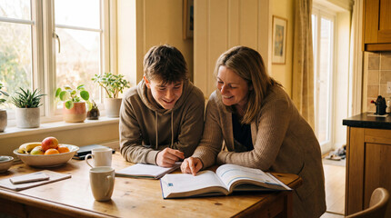 Helping mother pointing to open book while teen writing notebook at kitchen table, cardigan hoodie