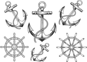 Vintage nautical set with anchors and ships wheels, black and white engraved woodcut style vector illustration © MdMajnur