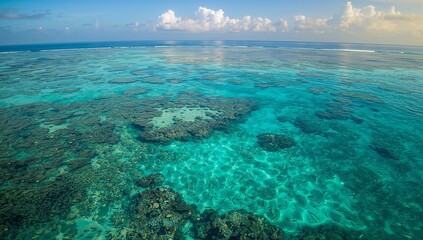 Fototapeta premium Showing aerial shallow reef with turquoise water revealing coral heads, sand patches, sun glint