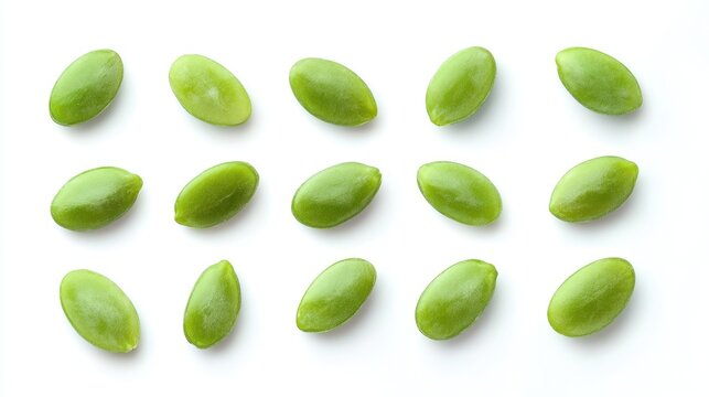Flat lay of fresh green bitter beans, also known as petai or stink beans, arranged in neat rows on a white background.