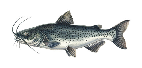 Fototapeta premium Detailed Catfish Illustration with Spotted Body and Long Barbels Side View Realistic Style