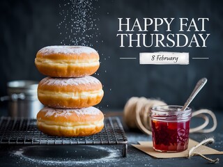 Stack of donuts with powdered sugar and jam on a dark background for fat thursday celebration