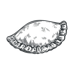 Delicious traditional empanada pastry with a crimped edge is depicted in a vintage hand-drawn engraving style, perfect for culinary designs.