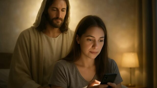 Jesus Christ watching over a young woman using her smartphone in bed at night. A divine figure offering spiritual guidance and protection. Faith, religion, and technology concept