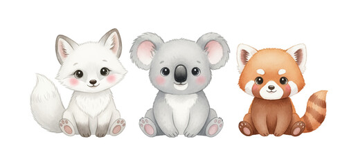 Fototapeta premium Adorable baby white fox koala and red panda sitting together smiling with happy expressions in a cute illustration