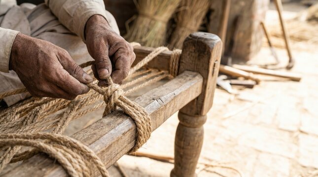 Traditional Jute Rope Weaving Technique for Crafting a Charpai Bed in Rural Furniture Making