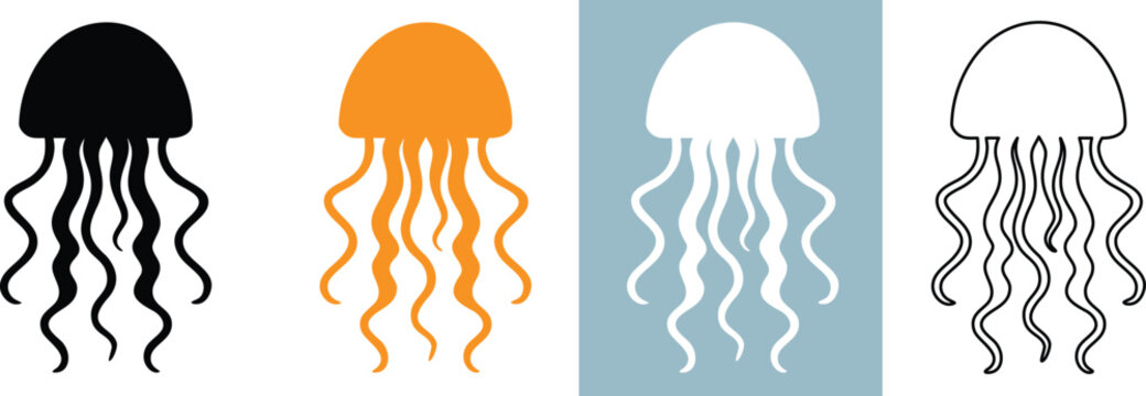Jellyfish vector silhouette illustration.Jellyfish icon clipart, flowing tentacles displayed.Jellyfish logo