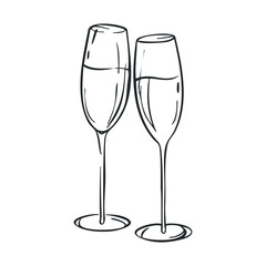 Two champagne flutes filled with sparkling wine, hand-drawn in a simple sketch style, perfect for celebrating special occasions and toasts.