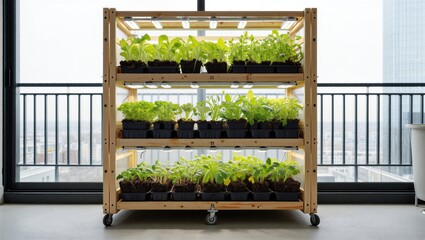 A wooden shelf filled with vibrant green plants growing under artificial lights in an indoor setting. Urban gardening concept.