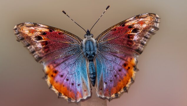 Perching single butterfly showing iridescent blue purple wings in macro, with twig and antennae