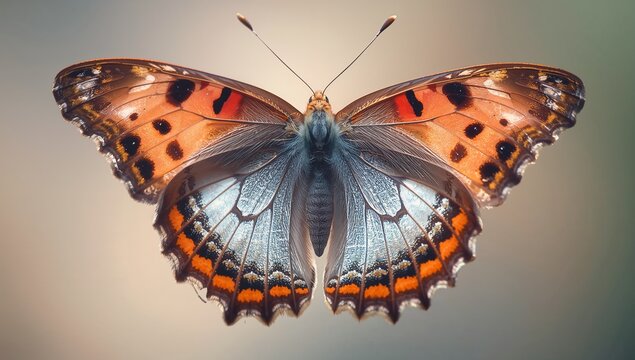 Displaying single butterfly spreading dorsal wings in macro close-up, showing scales and veins