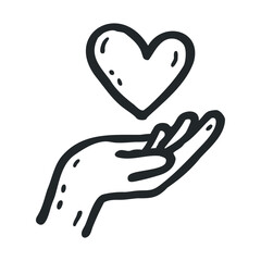 Obraz premium Hand holding heart symbol in a simple doodle style illustration representing concepts of love, care, charity, generosity, and support for others.