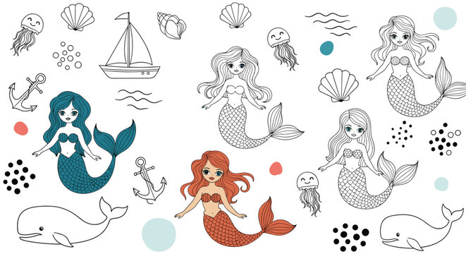 Nautical and mermaid illustration set with cute sea girls, whale, boat, anchor, shells, and jellyfish for children design.