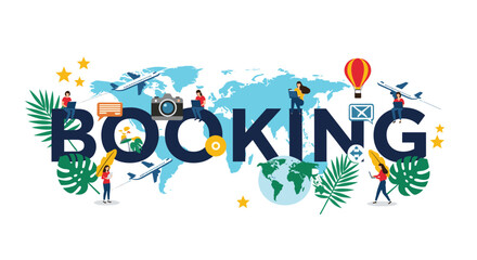 Obraz premium Travel booking concept banner featuring world map and people searching for flights and vacation destinations online on their laptops.