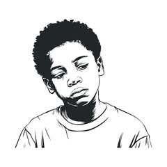 Young African American boy looking down with a pensive expression, depicted in a striking black and white vector illustration style.