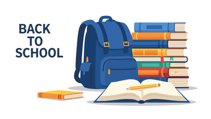 Set of school supplies including a blue backpack, a tall stack of colorful textbooks, and an open notebook with a pencil for education.