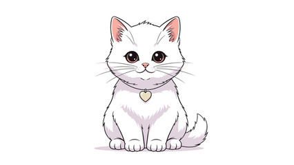 Fototapeta premium Adorable white kitten with large brown eyes and a heart-shaped collar sitting peacefully on a white background looking at the viewer.