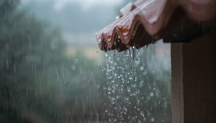Showing roof edge cascading rainwater at eave, with terracotta tiles, stucco column, copy space
