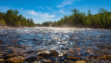 Fototapeta premium Showing shallow river rippling near water surface at low angle, with pebbles, mist, sunlight glints