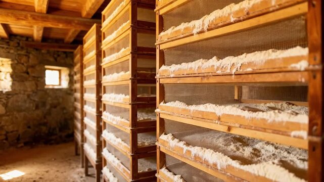 Medium shot of woodenframed sieves neatly stacked in a sifter room showcasing traditional flour separation by particle size in a warm rustic milling environment.