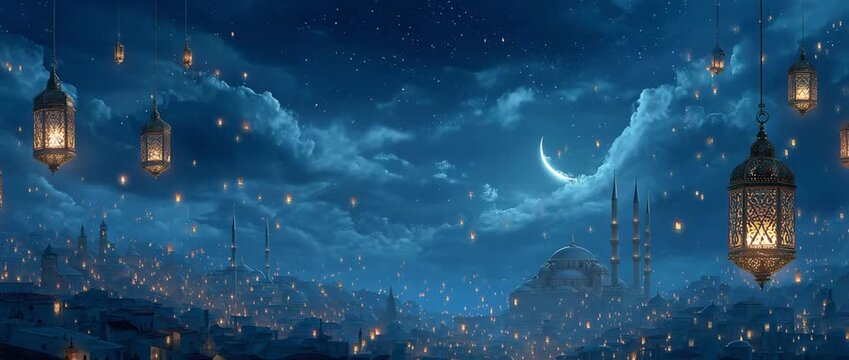 Animated illustration of a mosque and city at night during Ramadan. Floating lanterns rise into a starry sky with a crescent moon. Islamic holiday celebration background