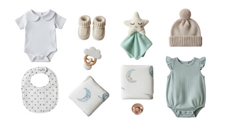 Flat lay of newborn baby clothes and accessories in soft colors including bodysuits, booties, bib, and plush toys, ideal for baby shower or newborn announcements