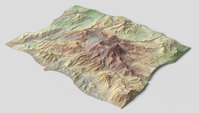 Displaying 3D topographic relief map on pale gray surface, showing mountain ridges, rivers, roads