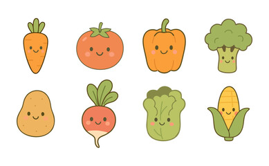 Cute Vegetable Icons Set &ndash; Flat Kawaii Food Vector Illustration
