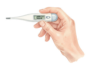 Obraz premium Caucasian Hand Holding a Digital Thermometer Displaying One Hundred Point Two Degrees Fahrenheit Indicating Fever Health Concern