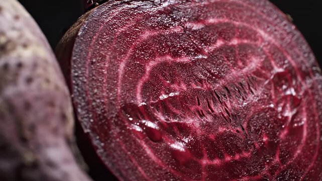 Fresh whole beetroot revealed in a close-up on a dark background. Raw red root vegetable displays detailed concentric rings and moist texture. Organic food concept.