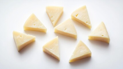 Several triangular slices of aged hard cheese arranged in a circle on a white background.