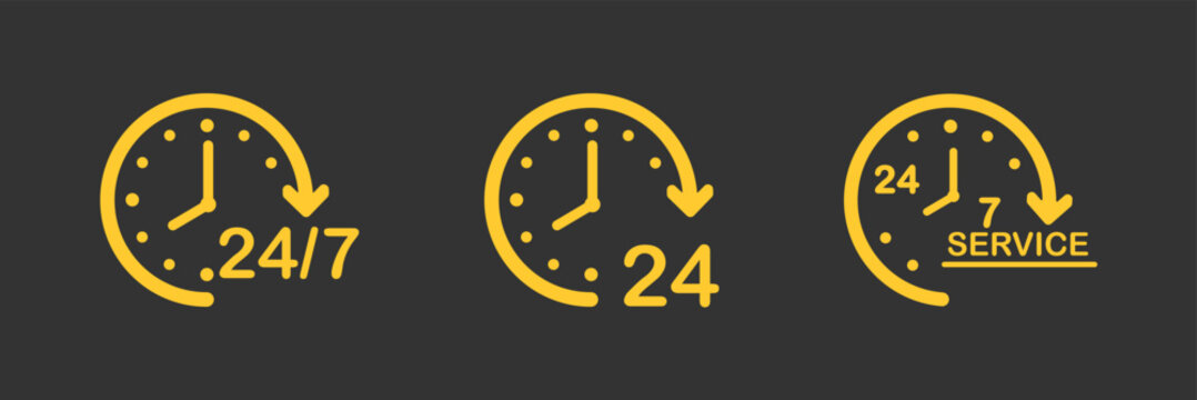 24 hours clock icons set with circular arrows and time symbols for continuous service and round the clock concept vector illustration. Time twenty four icon filled flat sign for mobile concept and web