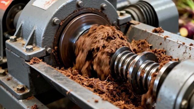 Mechanical screw press compressing beet pulp to extract moisture showing intense pressure and rotating screws in action during pulp dewatering process.