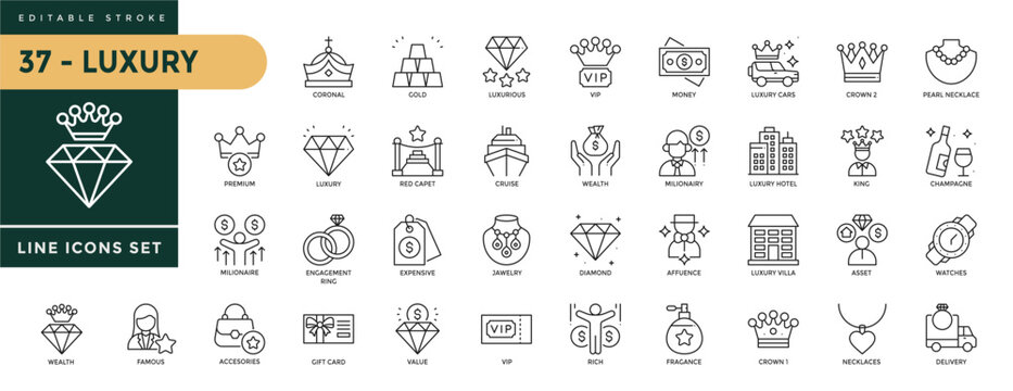 A collection of Luxury icons set with editable stroke, including Diamond, rich, gem, Value, Jewelry, Famous, King, Premium, Luxurious, and Gold. Thin linear vector illustration