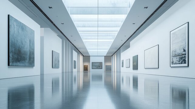 Modern art gallery interior with abstract paintings and reflective floor.