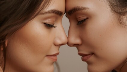 Fototapeta premium Resting two adult females touching foreheads and noses in studio close-up, showing stud earring