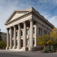 Fototapeta premium A grand, neoclassical stone building with ornate columns and a pediment, set against a clear blue sky with scattered clouds, with trees and a paved sidewalk in the foreground.