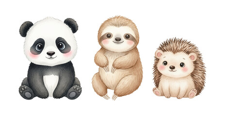 Obraz premium Cute baby panda sloth and hedgehog sitting together smiling with rosy cheeks in a gentle illustration style