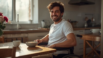 Smiling man in manual wheelchair eating cereal at kitchen table, wearing white tee, vase and mug