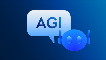 AI Assistant cute robot with Artificial General Intelligence AGI title chat bot representing automation innovation technology and Agentic Ai Concepts. Generative Prompt Text box Vector Illustration.