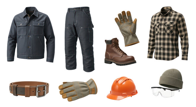 Set of durable workwear clothing and safety gear including jacket, pants, gloves, boots, helmet, belt, and protective glasses, ideal for construction or industrial work